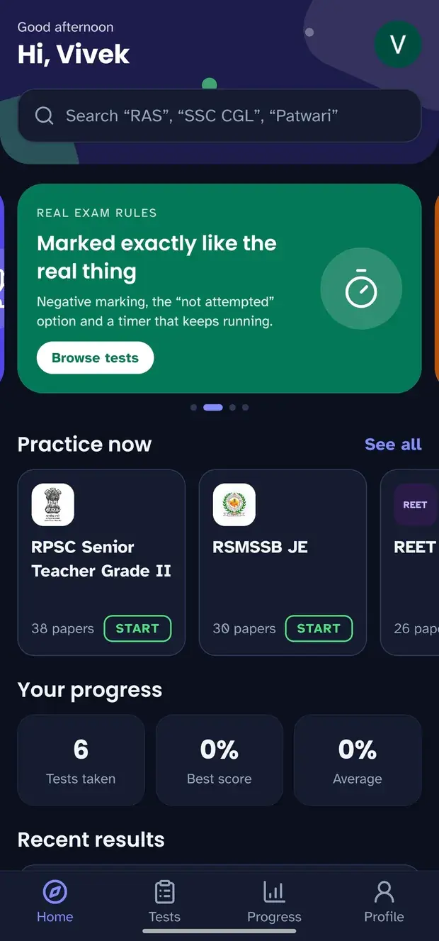 PYQBox app home screen showing exam cards for RPSC Senior Teacher, RSMSSB JE and REET with progress stats